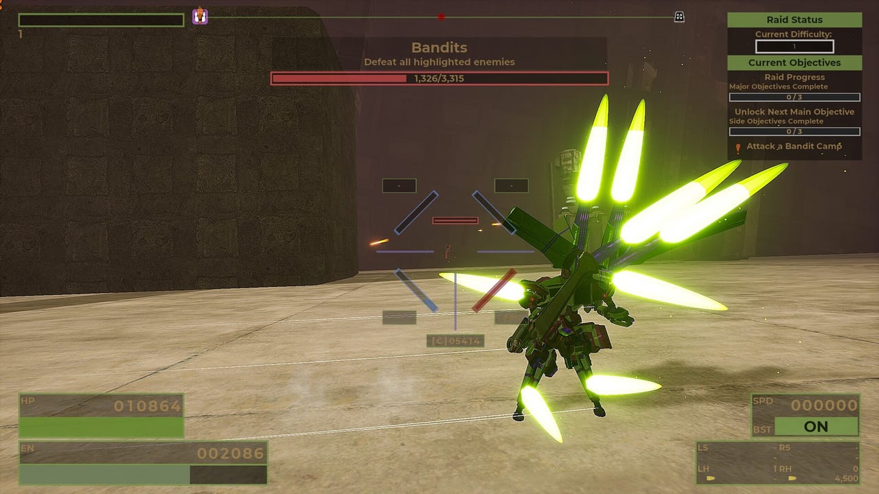 RIG Riot combat screenshot of a customized mech fighting enemies in a raid