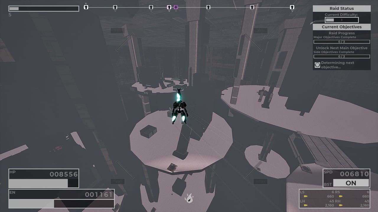 RIG Riot screenshot showing a raid stage, HUD, and mech silhouette